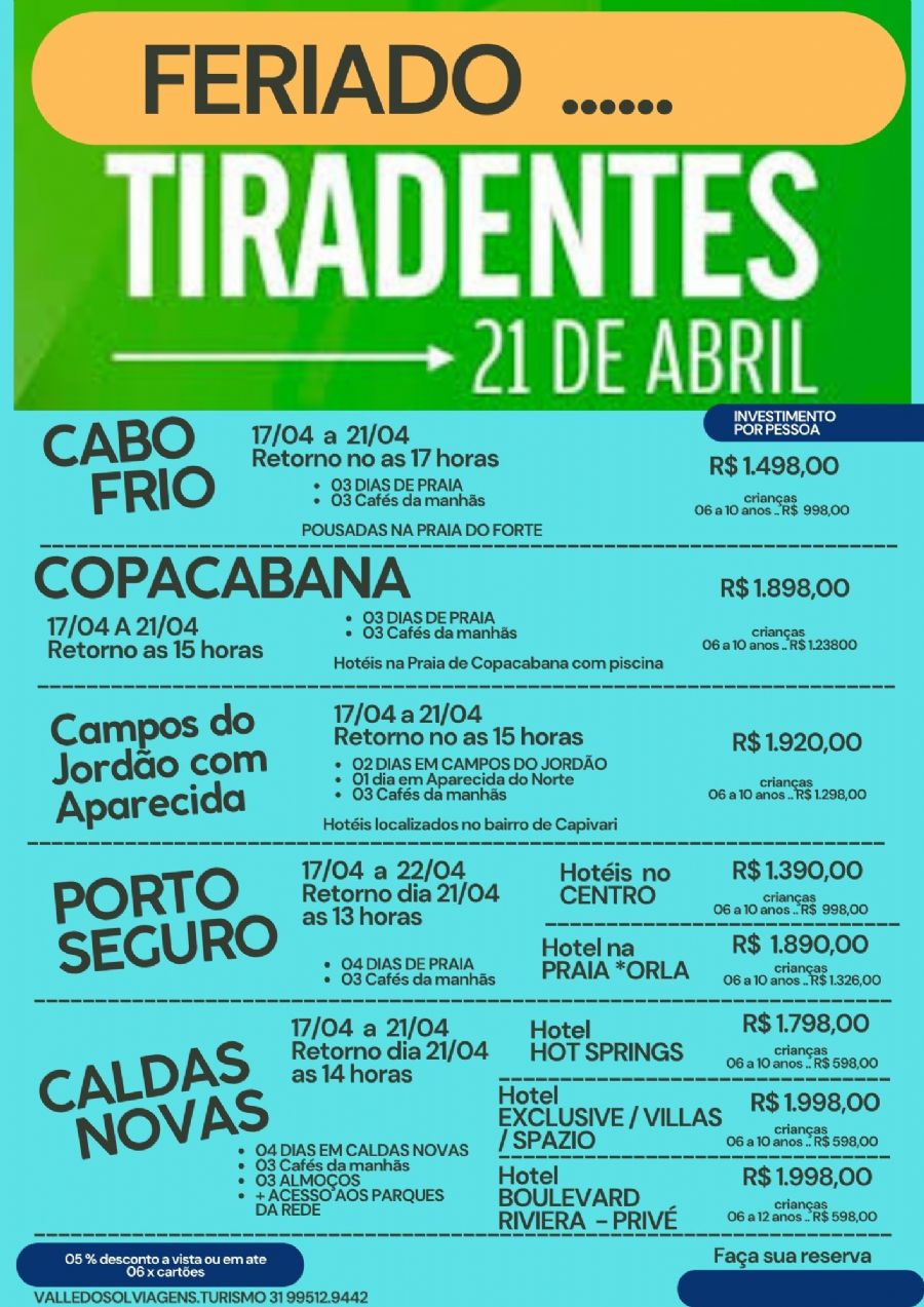 feriado 21 de abril  - TIRADENTES  - VARIOS ROTEIRO 