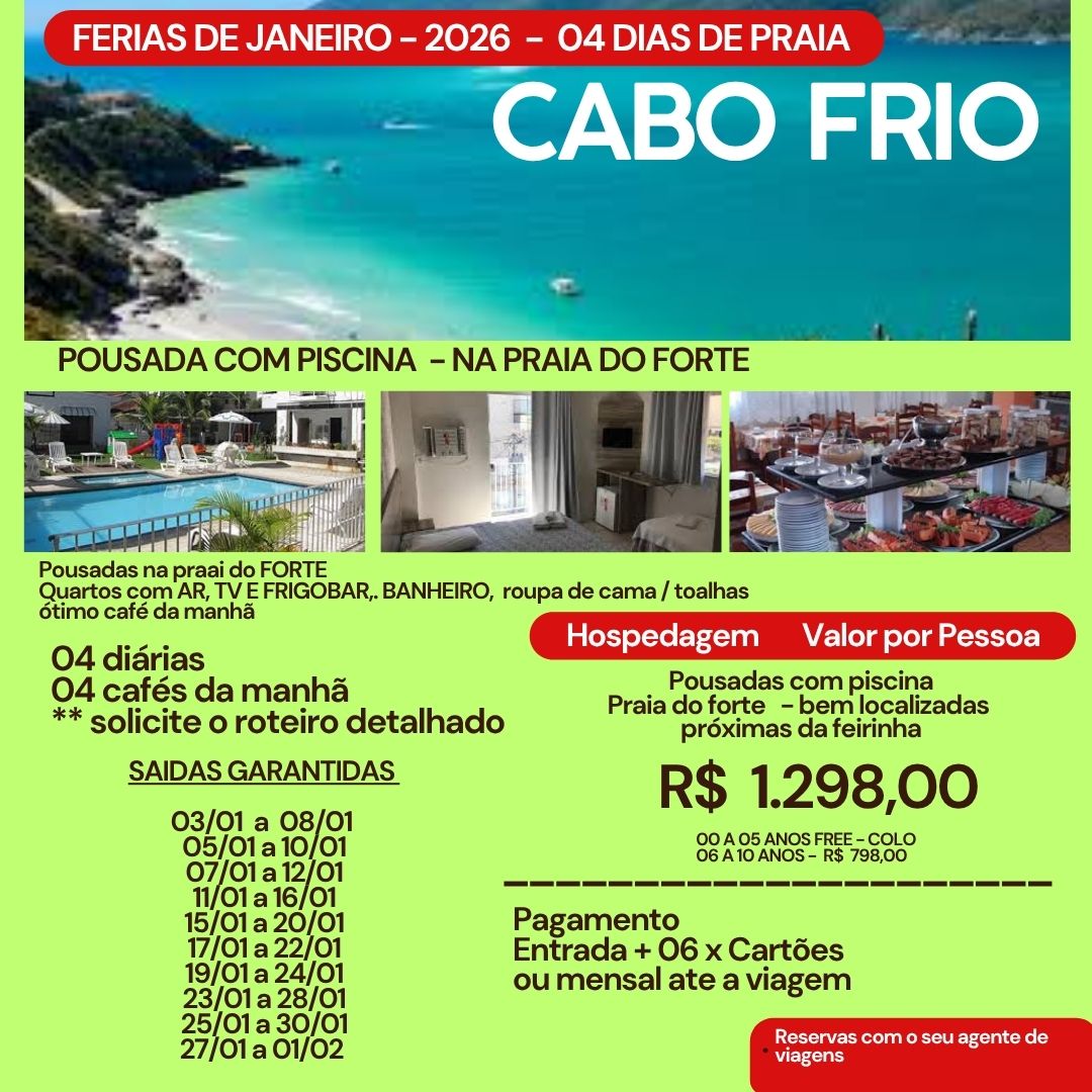 CABO FRIO - FERIAS DE JANEIRO 2026 - VARIAS SAIDAS